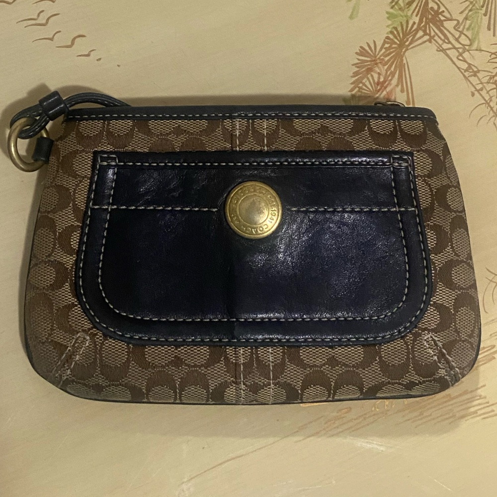 Coach Brown and Tan Leather Trim Wristlet with Zipper Closure
